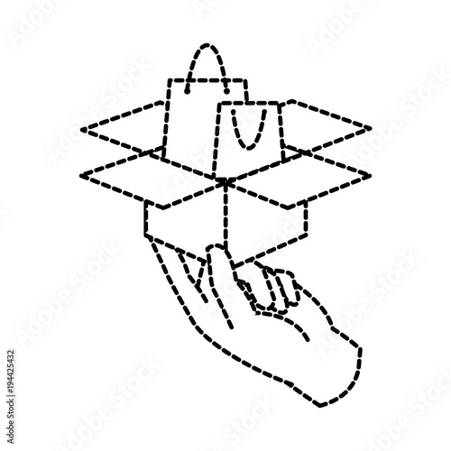 dotted shape hand with shoping bag inside box package