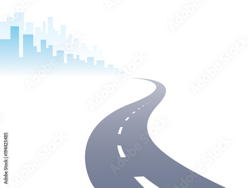 Road to city curved highway vector perfect design illustration. Big skyscrapers way to the capital, tourism and travel theme. Can be used as a road banner or billboard with copy space for text.