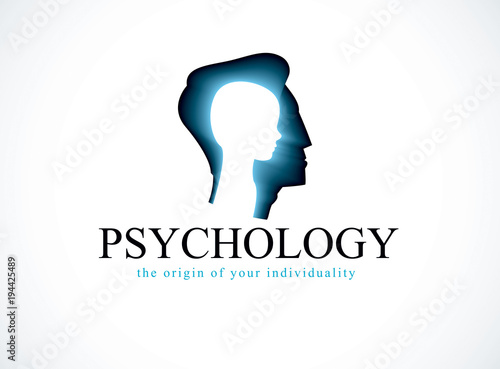 Psychology vector logo created with man head profile and little child boy inside, inner child concept, origin of human individuality and psychic problems. Psychotherapy and psychoanalysis concept.