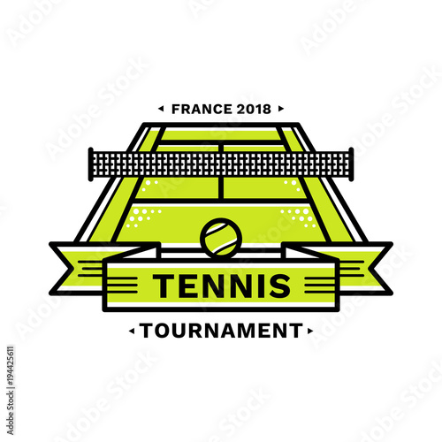 Tennis tournament emblem, illustration, logotype, modern line style, green color, on a white background. Tennis court with ribbons below.