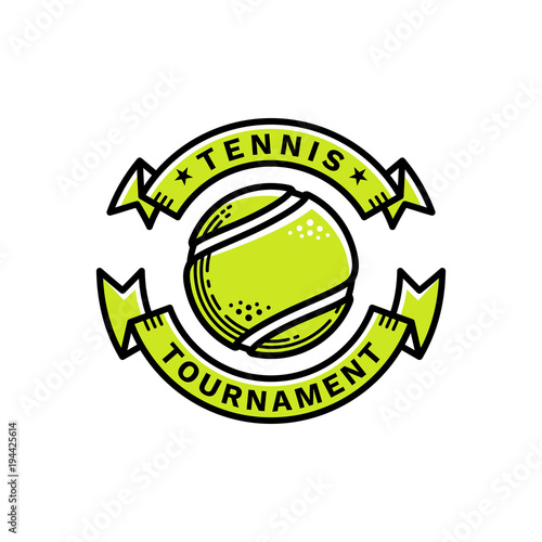 Tennis tournament emblem, illustration, logotype, modern line style, green color, on a white background. The tennis ball is framed from above and from below by two green ribbons.