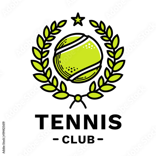 Tennis club emblem, illustration, logotype, modern line style, green color, on a white background. A tennis ball framed by a laurel wreath with a star on top.