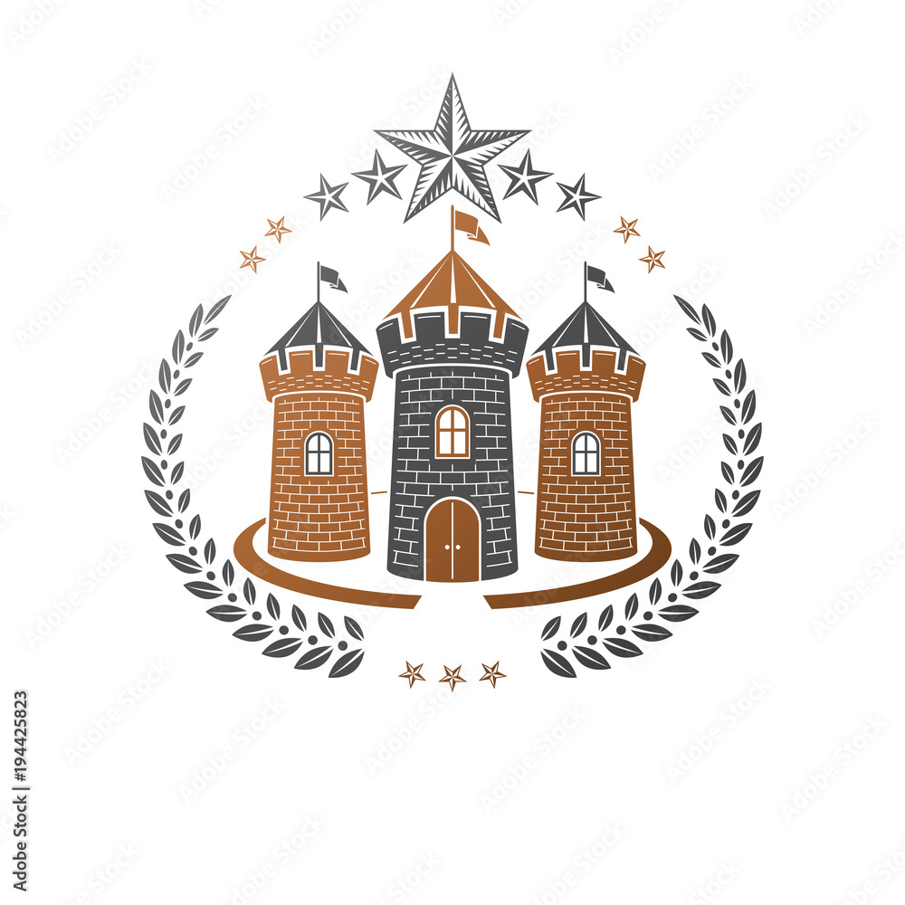 Ancient Castle emblem. Heraldic Coat of Arms decorative logo isolated vector illustration. Ornate logotype in old style on white background.