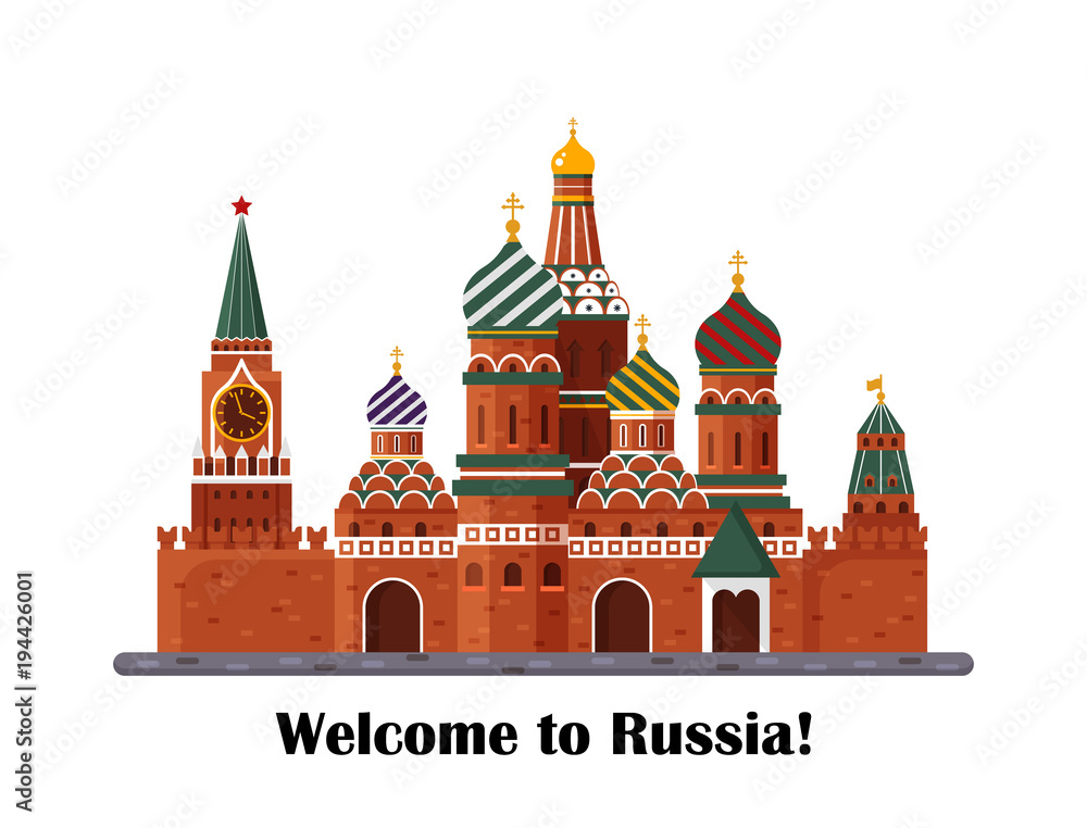 Welcome to Russia. St. Basil s Cathedral on Red square. Kremlin palace isolated on white background - vector stock flat illustration. Landscape design - obrazy, fototapety, plakaty 