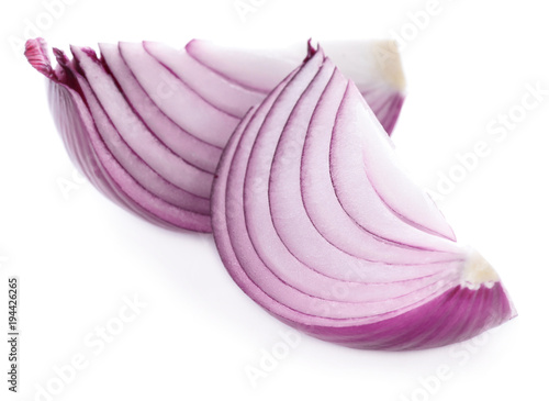 Sliced red onion on white background