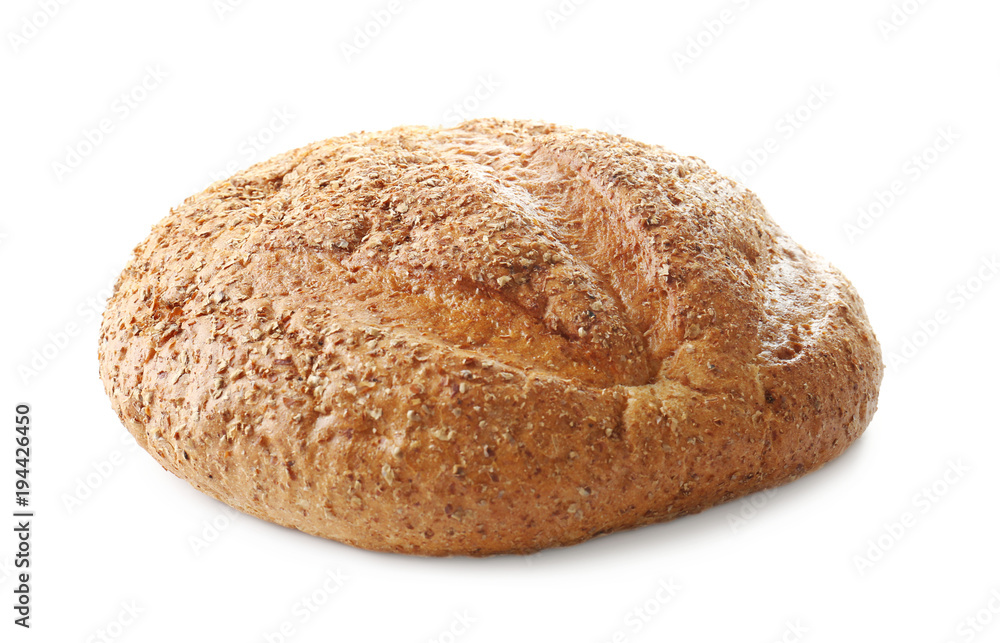 Loaf of freshly baked bread on white background