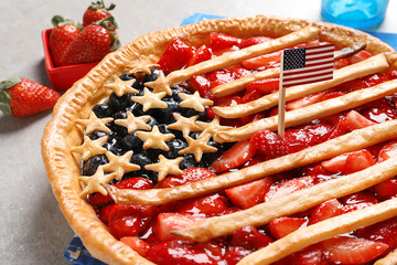 Tasty American flag pie on table, closeup