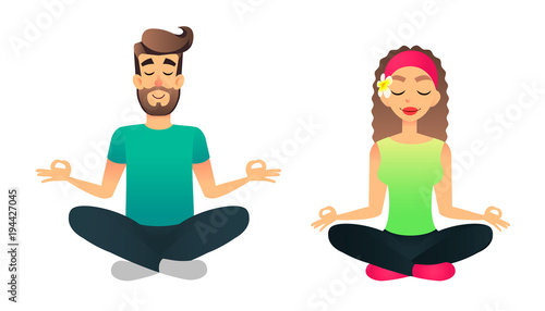 Man and woman meditate in lotus pose. Cartoon happy married couple practicing yoga lesson. Young vector people doing yoga asane. Young female and male wearing sport clothes in relaxed pose.