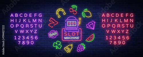 Slot machine is a neon sign. Collection of neon signs for a gaming machine. Game icons for casino. Vector Illustration on Casino, Fortune and Gambling. Jackpot. Editing text neon sign