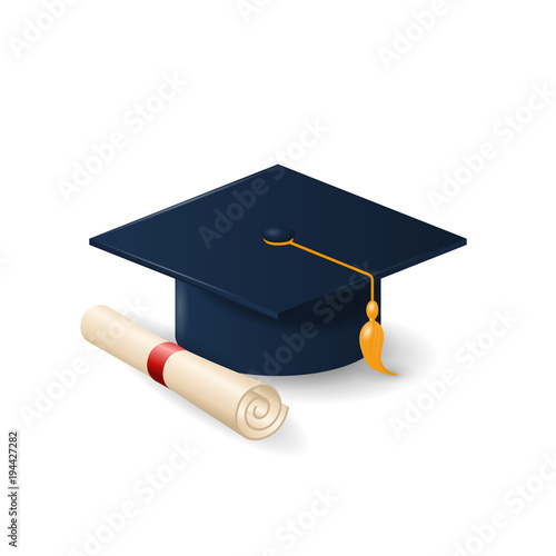 Graduation cap or mortar board and rolled diploma scroll . Vector realistic education design element isolated on white background. Finish education concept.
