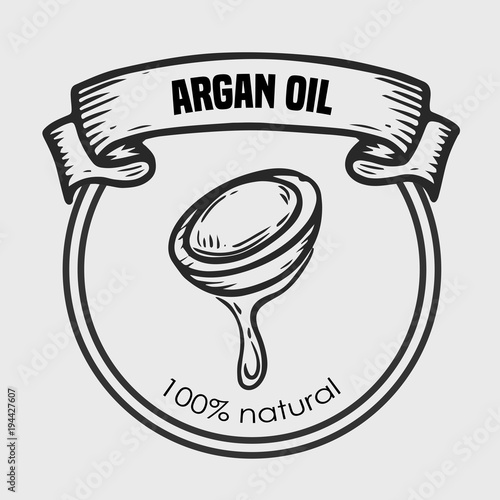 Argan vector drawing nut oil, fruit, berry, leaf, branch, plant.