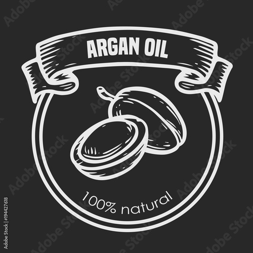 Argan vector drawing nut oil, fruit, berry, leaf, branch, plant.