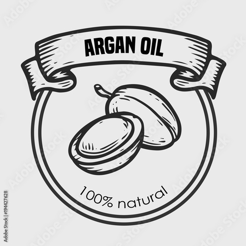 Argan vector drawing nut oil, fruit, berry, leaf, branch, plant.