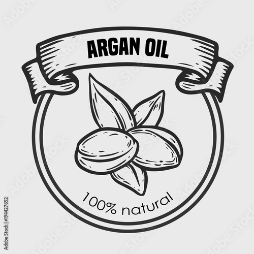 Argan vector drawing nut oil, fruit, berry, leaf, branch, plant.