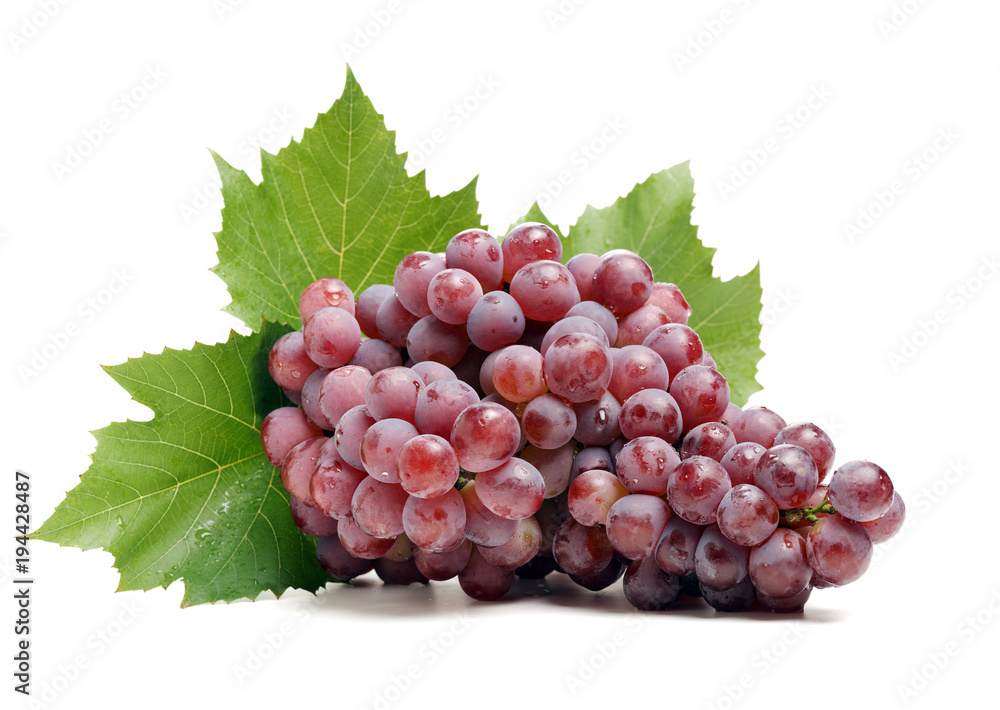 Fototapeta premium Pink grape with leaves isolated on white background