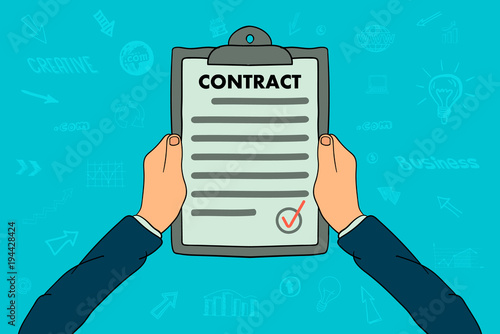 Hands holding clipboard with contract document in a cartoon design