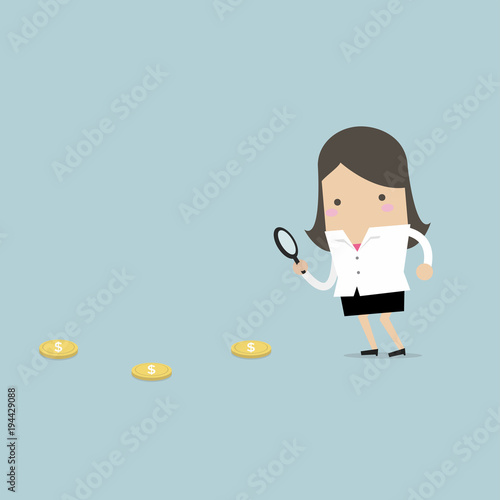 Businesswoman holding a magnifying glass follow dollar coins. vector