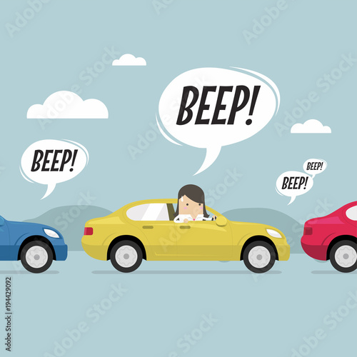 Businesswoman on the road with traffic jam, honk a horn. vector