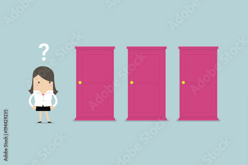 Businesswoman standing beside three doors, unable to make the right decision concept with question marks above her head