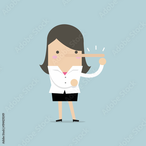 Lying businesswoman with long nose. vector