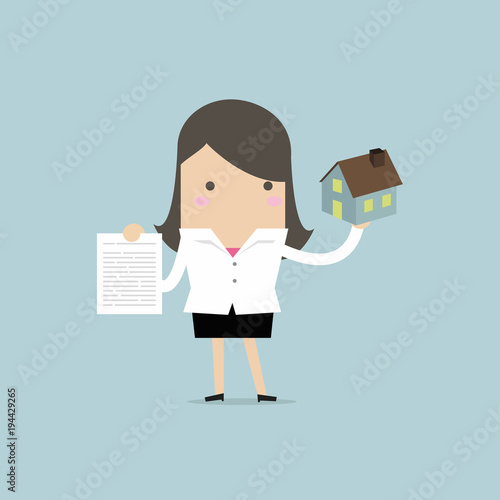 Businesswoman real estate agent holding house and contract. vector