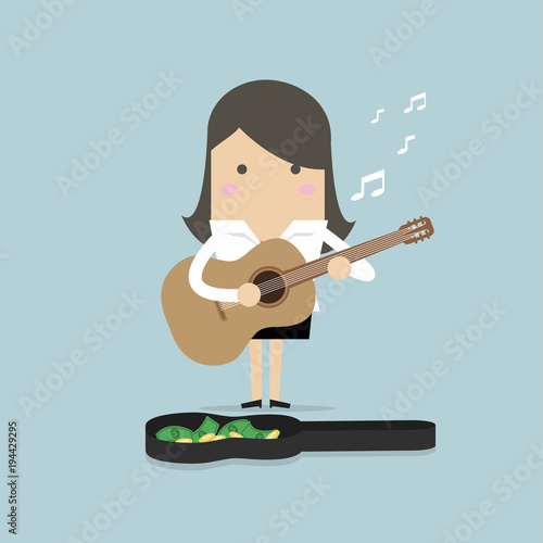Businesswoman playing guitar for money. vector
