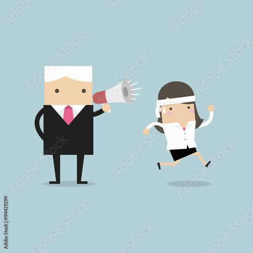 Boss commanding officers into a megaphone. Employees run work.