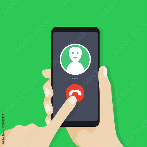 Outgoing call. Hand holding cellphone, finger touching screen. vector