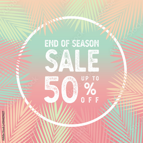 End of season sale up to 50 percent banner vector, Palm leaves with white border concept.