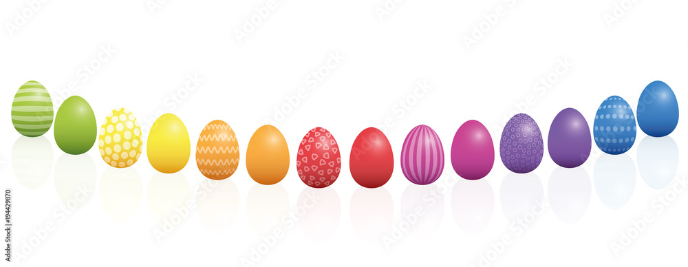 Fototapeta premium Easter eggs. Curved line, different colors and patterns. Rainbow colored three-dimensional isolated vector illustration on white background.