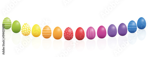 Easter eggs. Curved line, different colors and patterns. Rainbow colored three-dimensional isolated vector illustration on white background.