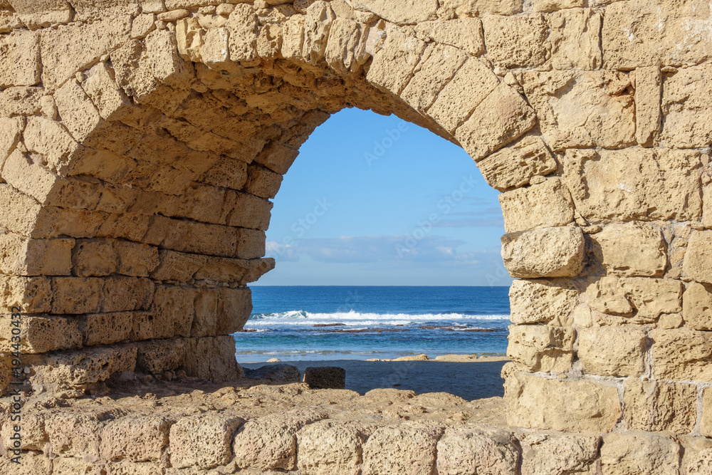 Roman aqueduct window sea view, Caesaria, Israel
