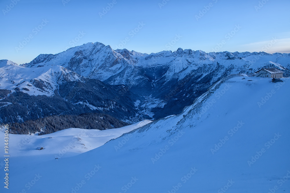 Italian Dolomites in Winter from Val di Fassa Ski Area, Trentino-Alto-Adige region, Italy