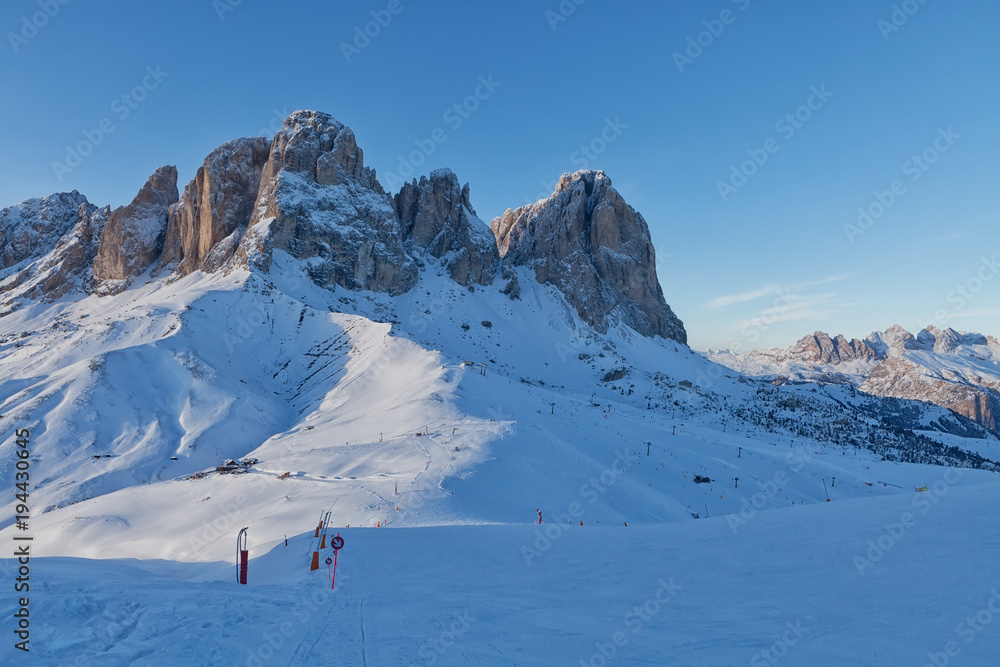 View of the Sassolungo (Langkofel) Group of the Italian Dolomites from the Val di Fassa Ski Area, Trentino-Alto-Adige region, Italy