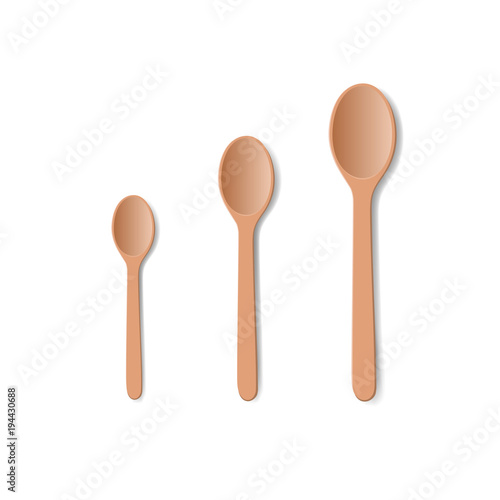 Three wooden cookware spoons isolated on white. Vector illustration. 