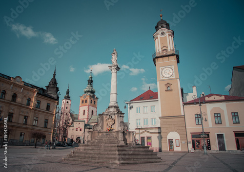 A Horizontal color image of Banska Bystrica Old Town, Main Square and Clock Tower. Captured Banska Bystrica, Slovakia