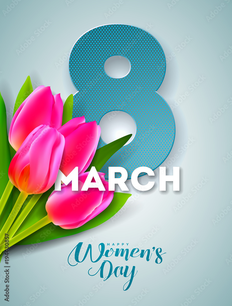 Fototapeta Ilustracja szczęśliwy dzień kobiet z bukietem tulipanów i 8 marca Typografia list na niebieskim tle. Szablon projektu kwiat wektor wiosna dla karty z pozdrowieniami.