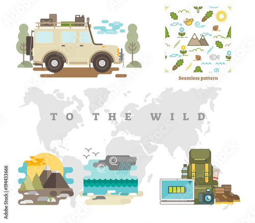 To the wild vector illustration set with off road jeep, seamless wildlife nature pattern, backgrounds and objects. 