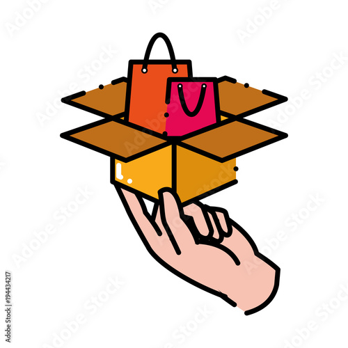 dashed line hand with shoping bag inside box package
