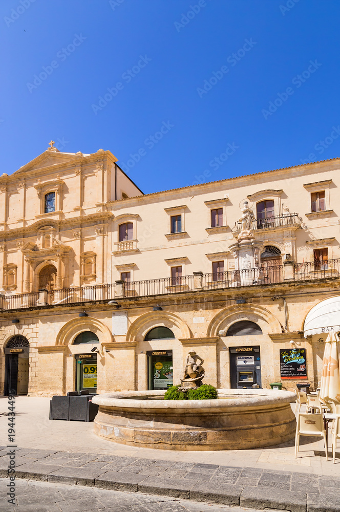 Noto, Sicily, Italy. The Church of St. Francis (S. Francesco all'immacolata), 1705-1745 and the building of the monastery (right)