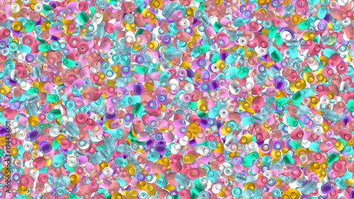 Beads background. Fashion accessory. Handmade craft. Glass beads top view. Sequins. Heap of gems. Rhinestones wallpaper. Realistic illustration. 3d rendering. Jewelry making.