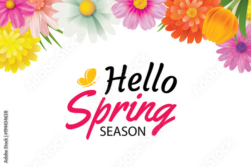 Hello spring season greeting card with colorful flower frame background template. Can be use voucher, wallpaper,flyers, invitation, posters, brochure, coupon discount.