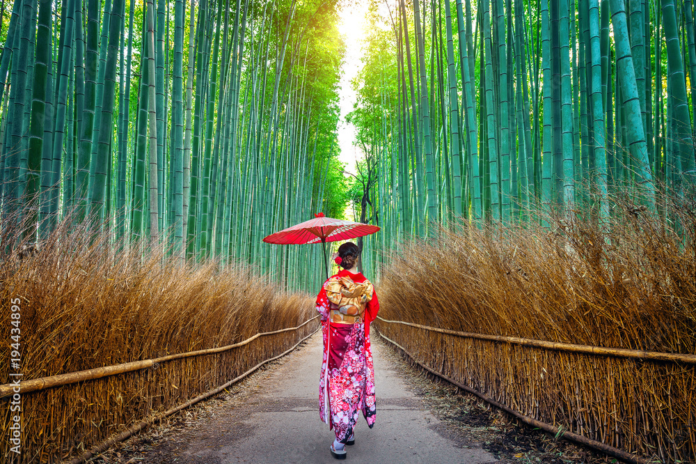 Naklejka premium Las bambusowy. Azjatycka kobieta ubrana w tradycyjne japońskie kimono w Bamboo Forest w Kioto, Japonia.