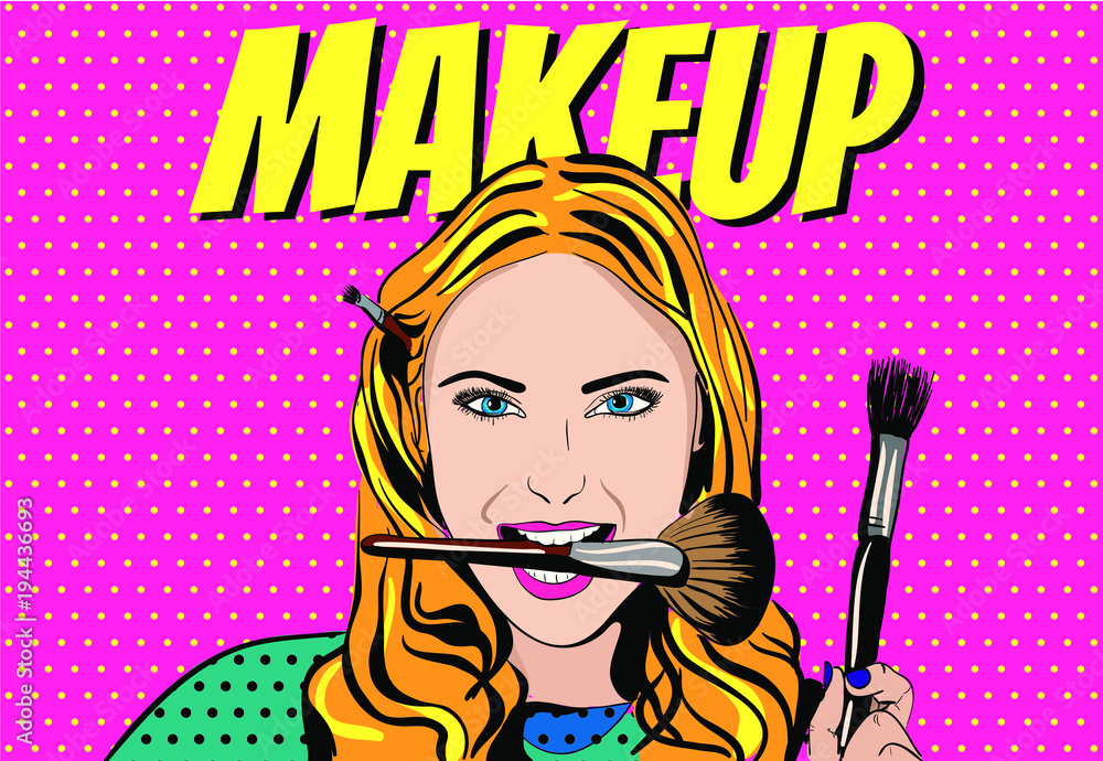 Beautiful pop art girl holding brushes in her teeth for make-up. Makeup. A vintage girl puts on makeup.