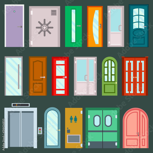 Vector doors design furniture elements doorway front entrance to house building in flat style doorstep illustration isolated on background. House elements