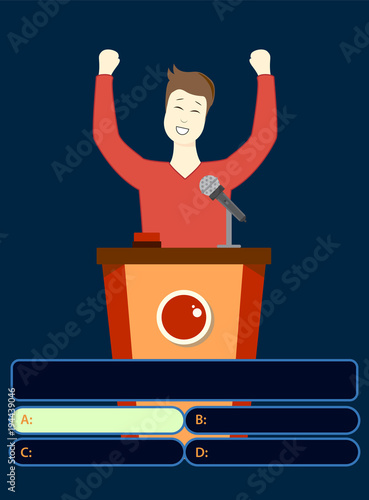 Winner. Happy man. Quiz game with answers . Colorful flat cartoon vector illustration. Quiz brainy game.