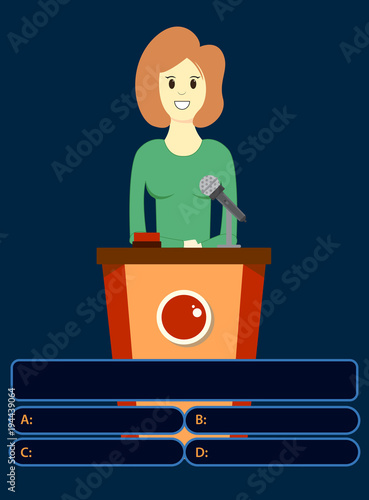 Woman on quiz game with answers . Colorful flat cartoon vector illustration. Quiz brainy game.