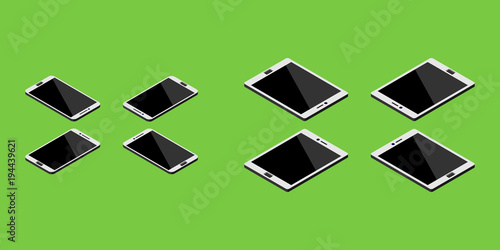 Set of isometric smartphones and tablets front side in four different positions lying down.