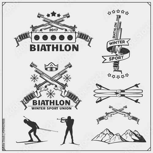 Set of biathlon emblems. Winter sport illustrations.