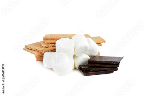S’mores ingredients , chocolate, graham crakers,marshmallows isolated on white background